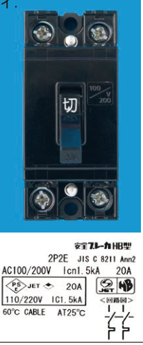 配線用遮断器（安全ブレーカHB型）。銘板「2P2E JIS C 8211 Ann2 AC100/200V Icn1.5kA 20A」「JET 20A 110/220V IC1.5kA」「60℃ CABLE AT25℃」、回路図は2極とも過電流引外し素子付き。前面に「100/200V」表示の回路図