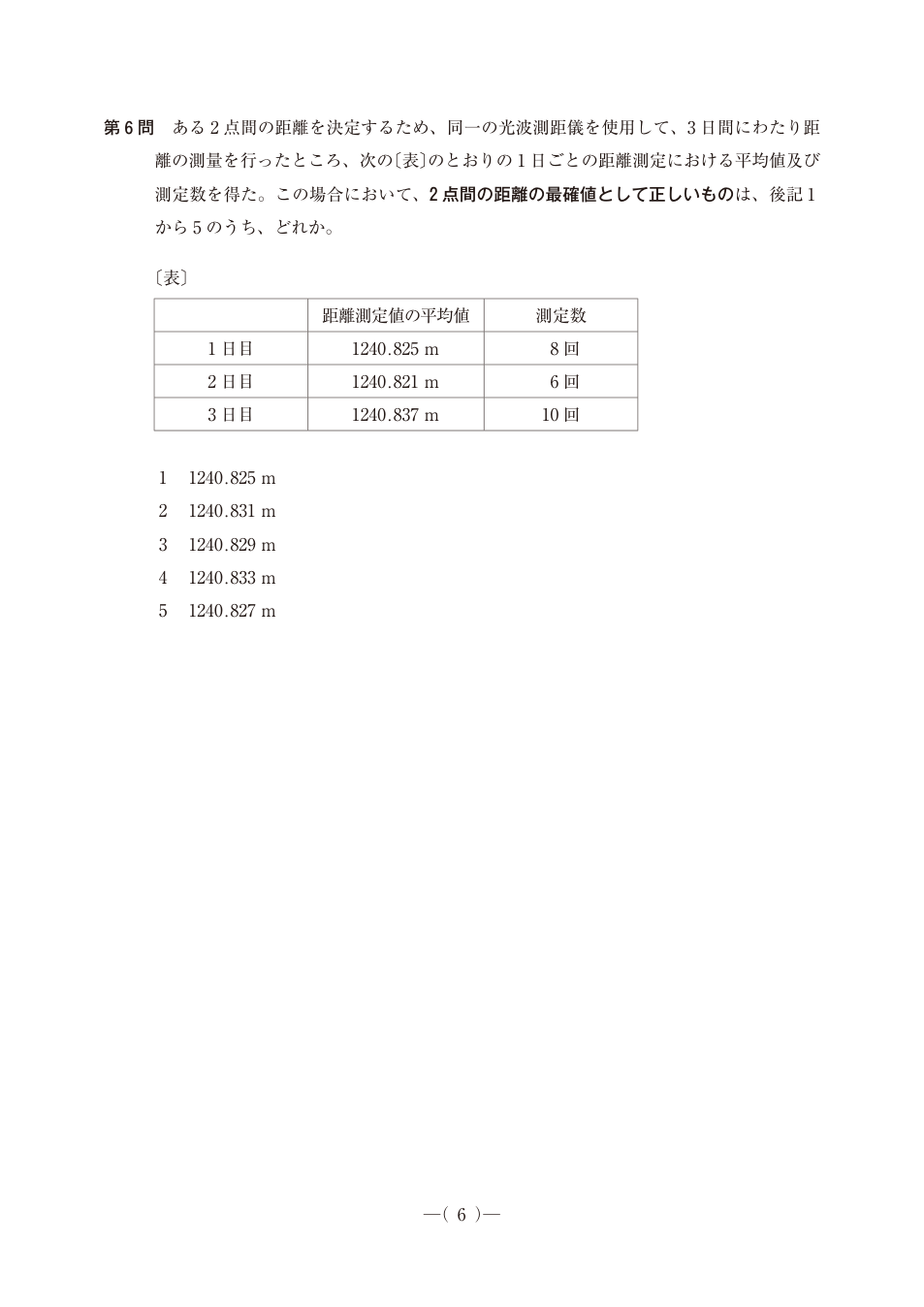 3日間の距離測定平均1240.825/1240.821/1240.837m、測定数8/6/10回の表。
