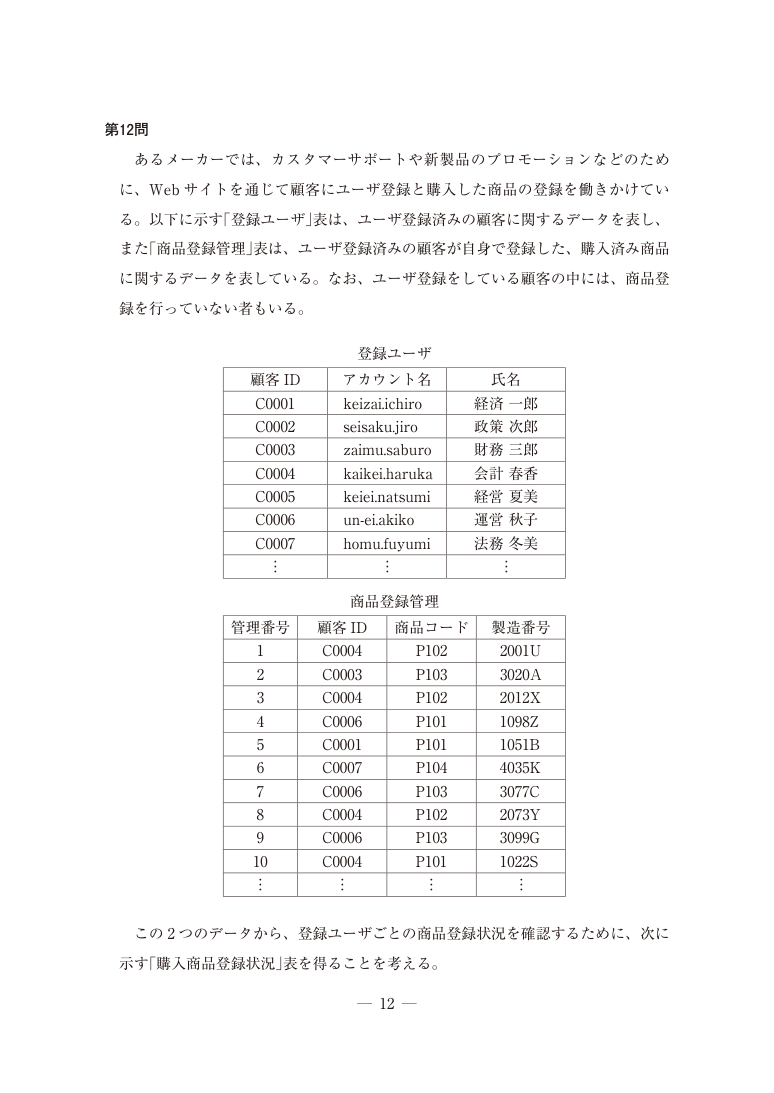 公式問題PDFの第12ページ。第12問の表・図・解答群を含む。