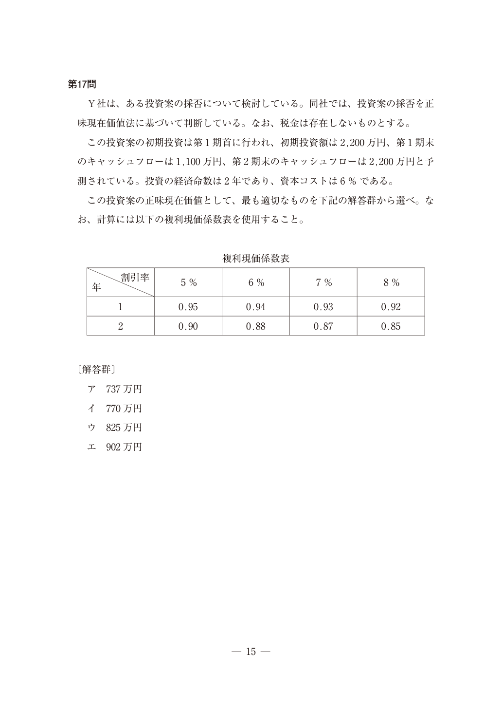 2025年財務・会計第17問の図表（原本PDF 16ページ）
