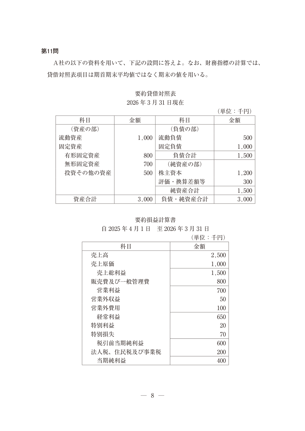 2026年財務・会計第11問の資料表(原本PDF 9ページ)