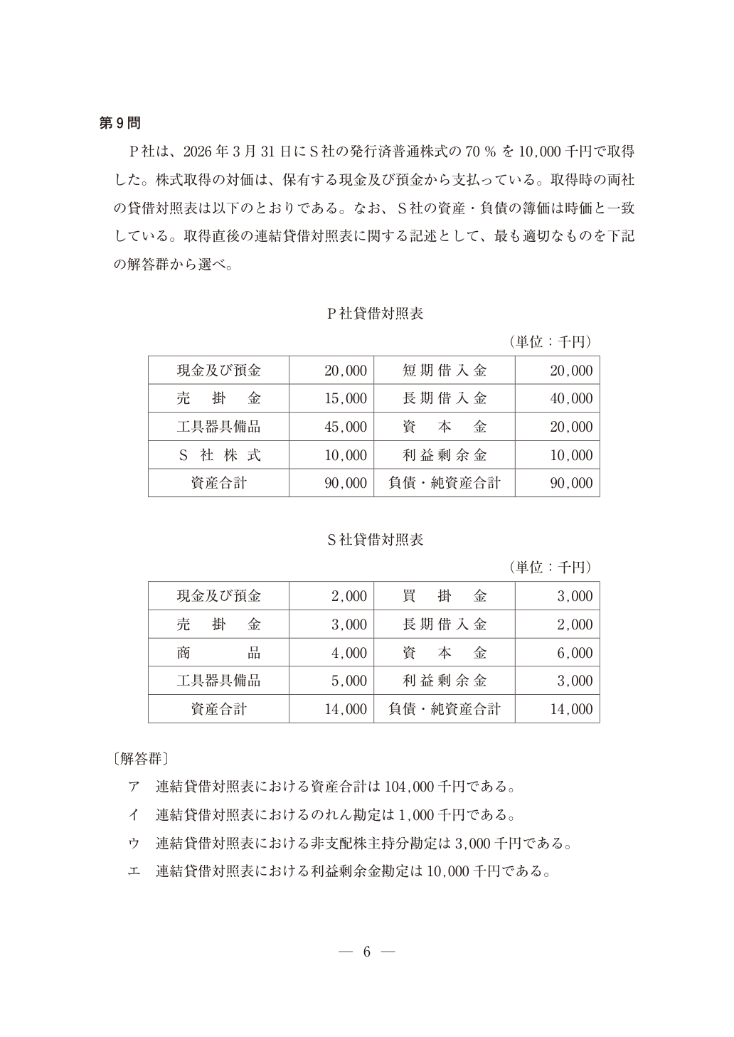 2026年財務・会計第9問の資料表(原本PDF 7ページ)