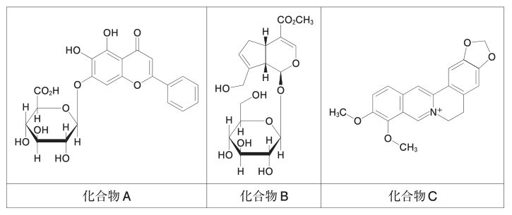 厚生労働省公式問題の原図。化合物A〜Cの原構造式。各列、化合物名ラベル、電荷、立体結合、糖部分、元素記号を含む。
