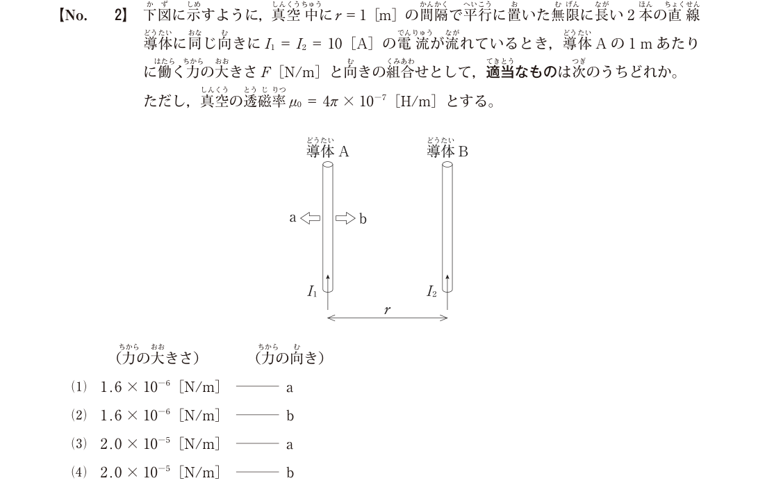 令和7年度1級電気通信工事第一次検定 問題A No.2：平行導体間の力の原本図表・設問・選択肢（公開保存コピー）