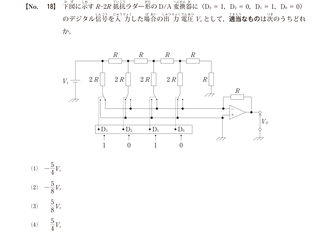 令和7年度1級電気通信工事第一次検定 問題A No.18:R-2RラダーD/A変換の原本図表・設問・選択肢(公開保存コピー)