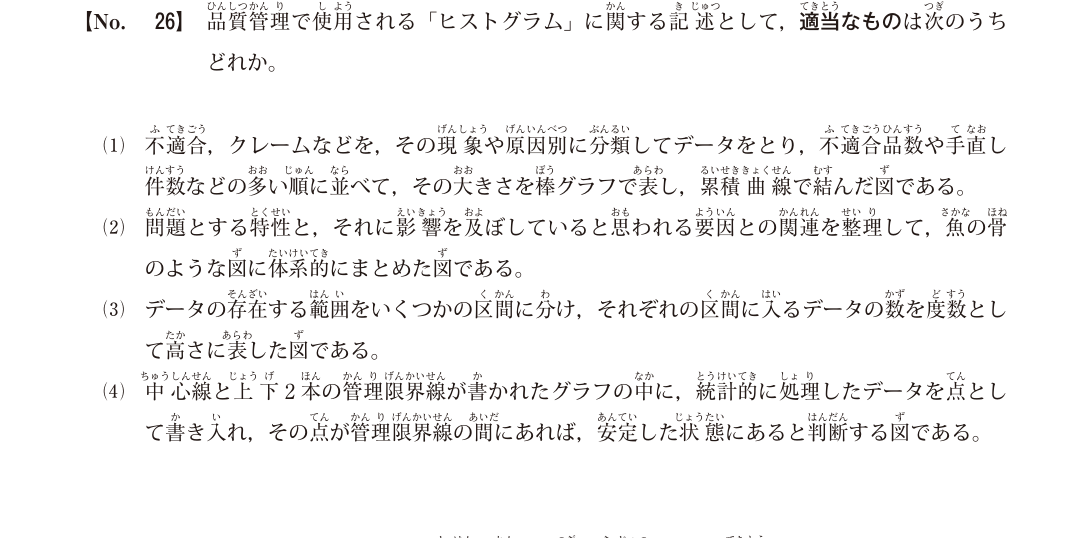 令和7年度1級電気通信工事第一次検定 問題B No.26：品質管理のヒストグラムの原本図表・設問・選択肢（公開保存コピー）