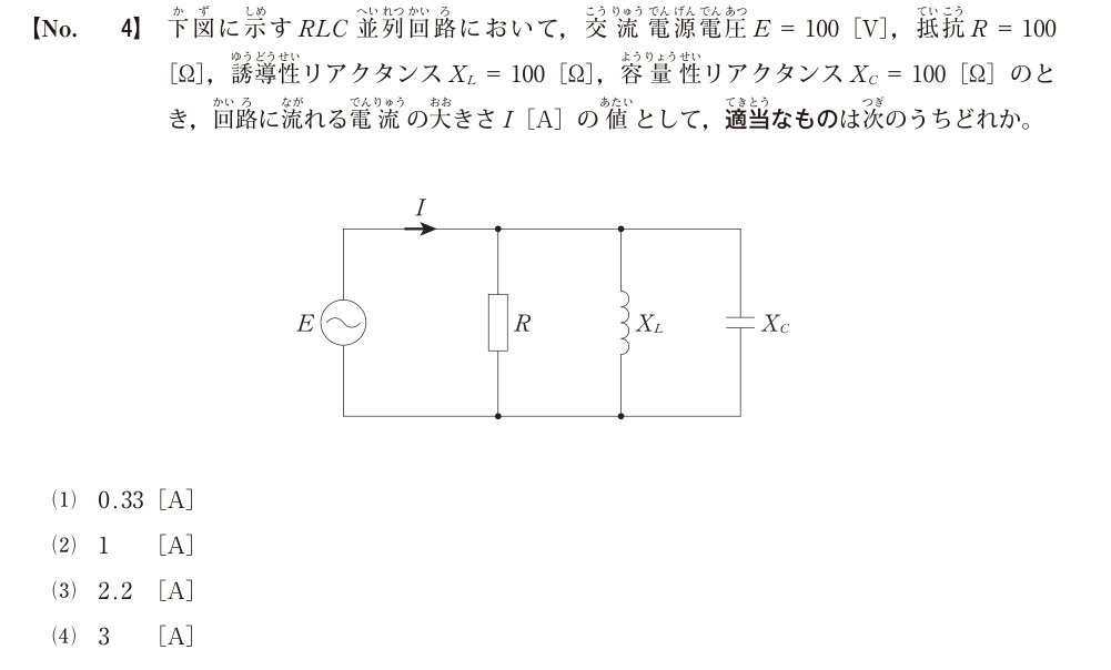 令和8年度1級電気通信工事第一次検定 問題A No.4:RLC並列回路の原本図表・設問・選択肢