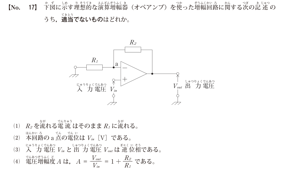 令和8年度1級電気通信工事第一次検定 問題A No.17:非反転オペアンプの原本図表・設問・選択肢