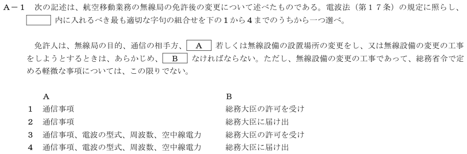 2026-08 航空無線通信士 法規 A-1 原問題(本文・数式・図・選択肢・語群)