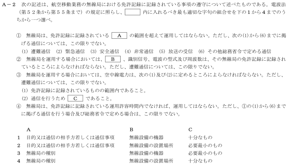 2026-08 航空無線通信士 法規 A-2 原問題(本文・数式・図・選択肢・語群)