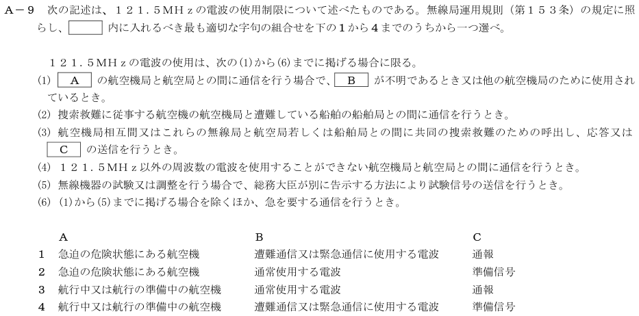 2026-08 航空無線通信士 法規 A-9 原問題(本文・数式・図・選択肢・語群)