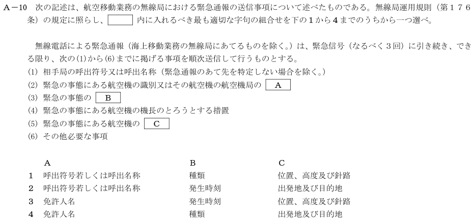 2026-08 航空無線通信士 法規 A-10 原問題(本文・数式・図・選択肢・語群)