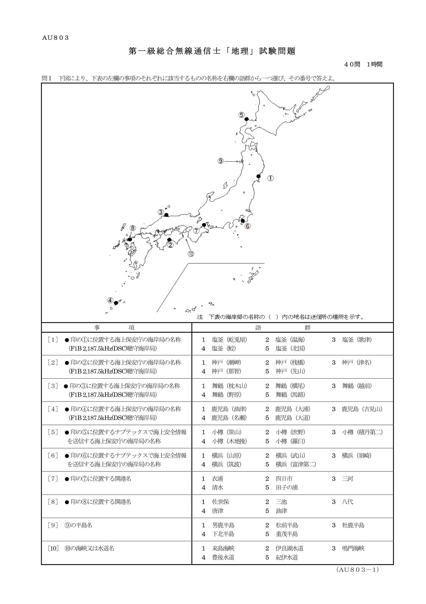 2026-03 第一級総合無線通信士 地理 原問題 1ページ(問1~10)