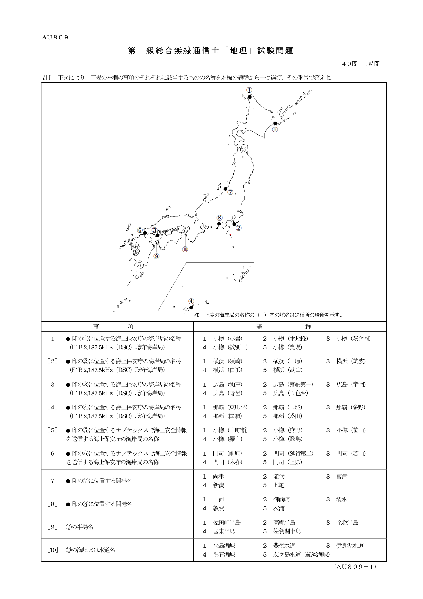 2026-09 第一級総合無線通信士 地理 原問題 1ページ（問1～10）