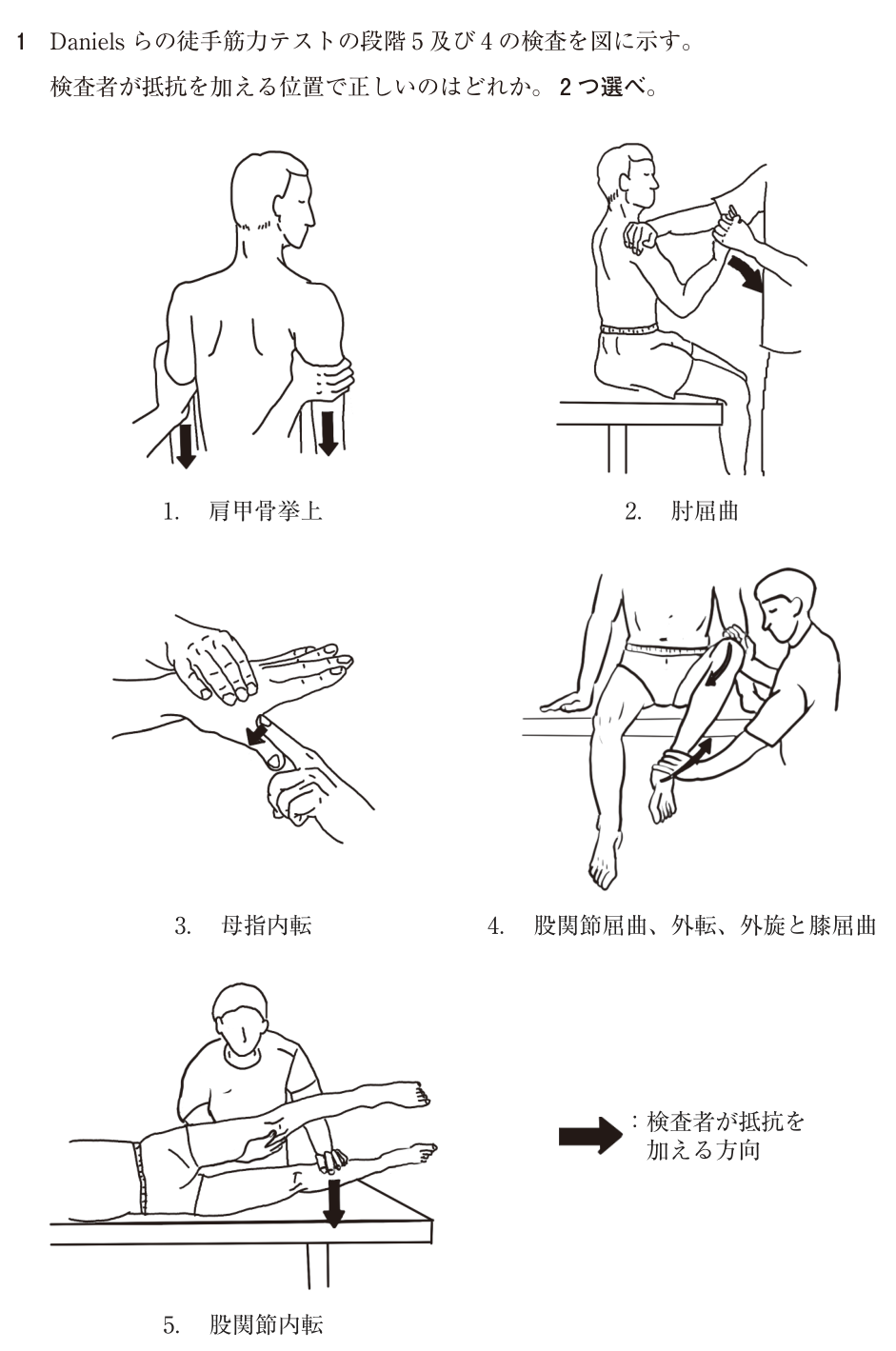 原本:徒手筋力テスト5種類と抵抗方向の凡例